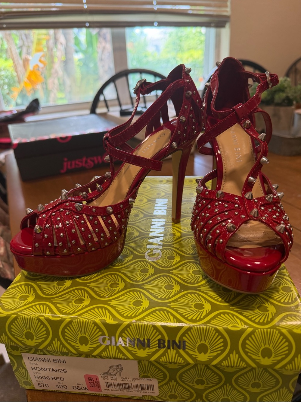 Gianni Bini red studded Rhine Stone patent leather Strappe heel size 6